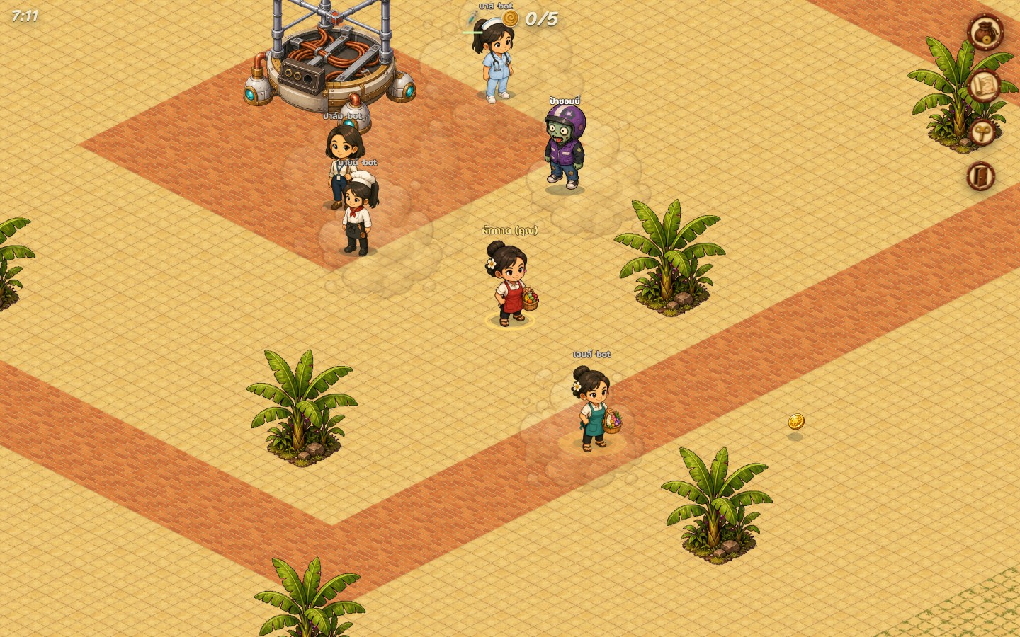 ฉากในเกมตลาดแตก ผู้เล่นและบอทกระจายรอบเครื่องย้อนเวลา มีซอมบี้ปะปน
