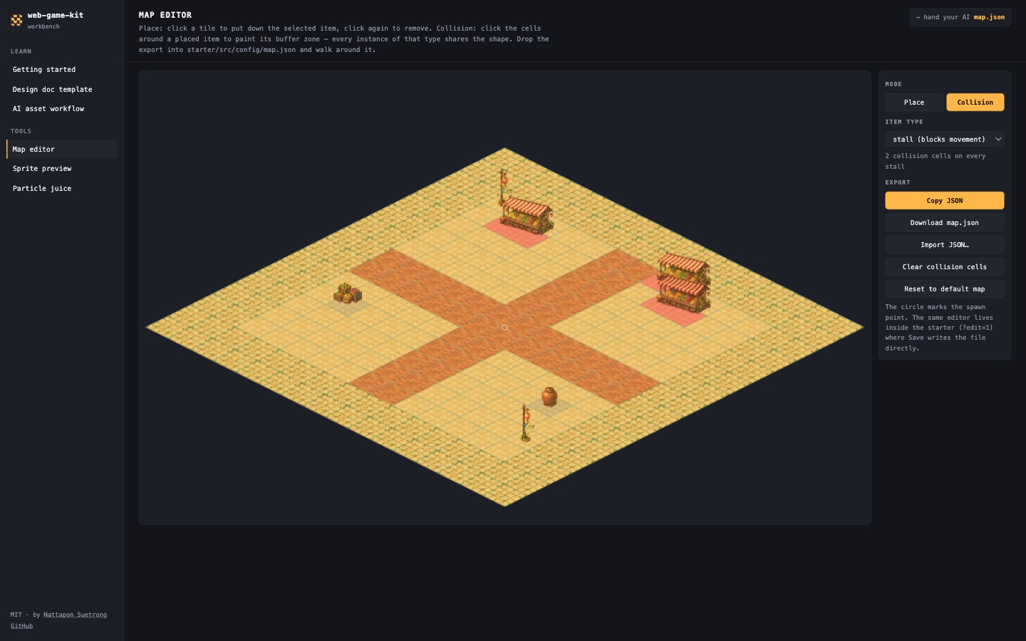 Map editor โหมด collision ระบายพื้นที่กันชนสีแดงรอบแผงร้าน