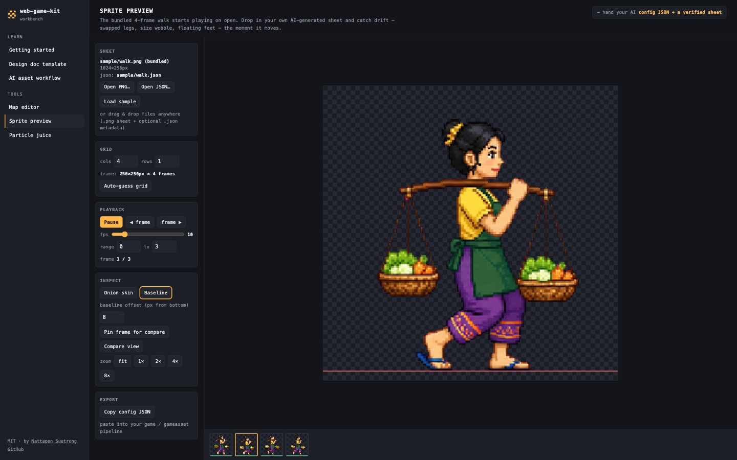 เครื่องมือ sprite preview เล่น animation เดินทีละเฟรมพร้อมเส้น baseline